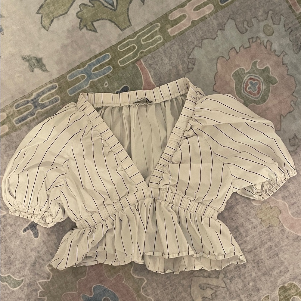 Elegant Cream Striped Blouse with Puff Sleeves